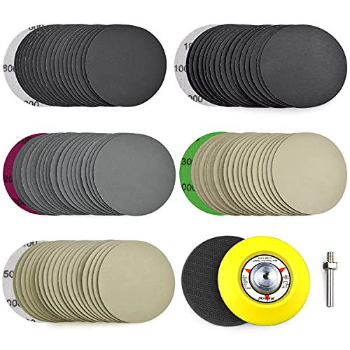 3 Inch (75mm) Assorted 800/1000/2000/3000/5000 Grit High Performance Heavy Duty Silicon Carbide Wet/Dry Hook & Loop Sanding Discs with 1/4 inch Shank Sanding Pad + Foam Buffering Pad, 100PCS