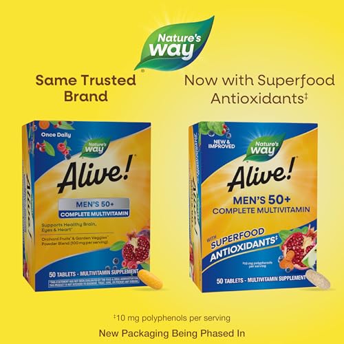 Nature’s Way Alive! Men’s 50+ Complete Multivitamin, Supports Healthy Brain, Eyes & Heart*, High Potency B-Vitamins, Gluten-Free, 50 Tablets (Packaging May Vary)