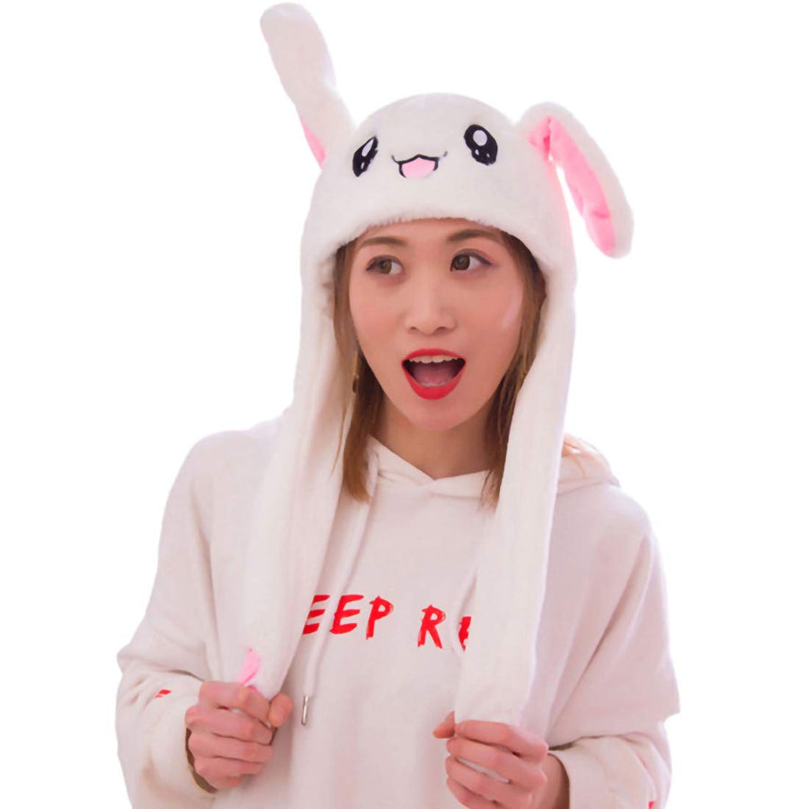 Rabbit Hat Ear Moving Jumping Funny Bunny Plush Cap for Women Girls, Cosplay Christmas Party Holiday Hat (White)
