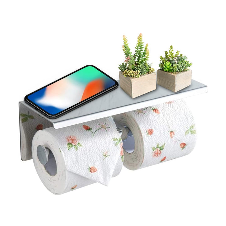 Double Toilet Paper Holder with Phone Shelf, 304 Stainless Steel Modern Bathroom Roll Tissue Holder Wall Mounted, Gold