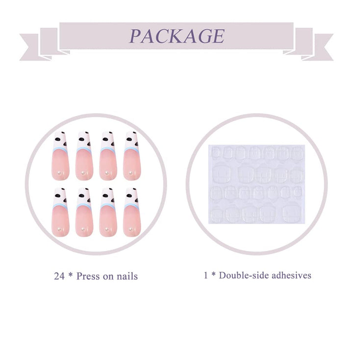 Coffin Fake Nails, 24Pcs Long Nude False Nails Cow Press on Nails Pearl Acrylic Nail Art Tips for Women and Girls