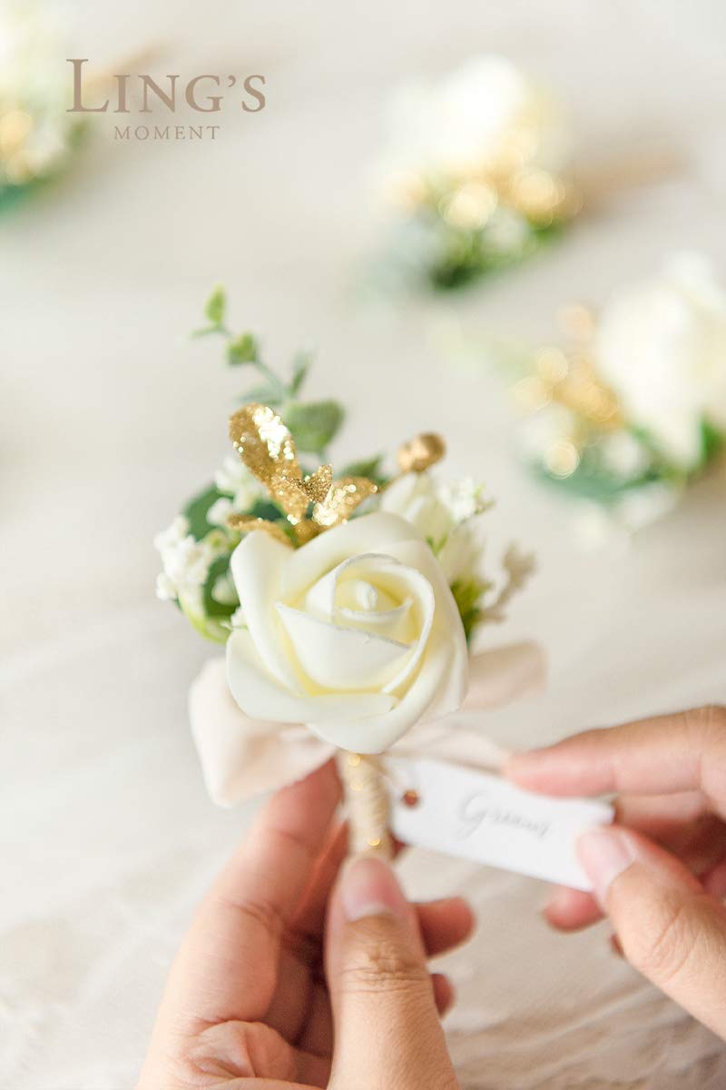 Boutonniere for Men, 2pcs Groom Groomsmen Guest Boutonniere, Artificial Flowers for Wedding/Prom/Homecoming, etc.White Baby Breath Ivory