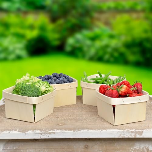 Quart Wooden Berry Baskets (8-Pack); 5.75-Inch Square Vented Wood Boxes for Fruit Picking, Easter or Arts &amp; Crafts