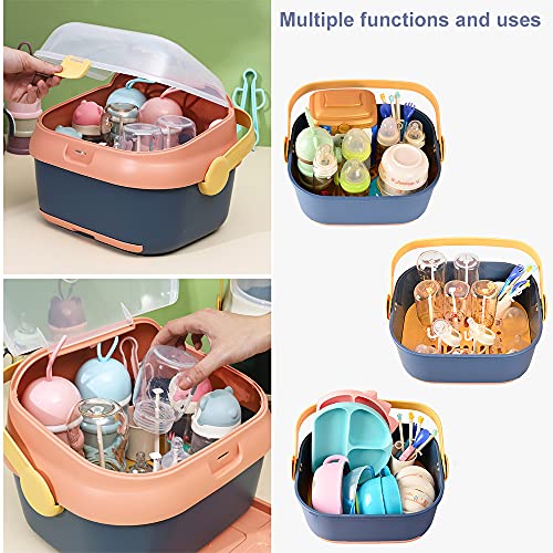 Baby Bottle Drying Rack Container with Drainer, Portable Nursing Cutlery Box Container with Cover, Bottle Holder for Baby and Toddler, Portable Kitchen Cabinet Organizer, Easy to Clean Drainer (Pink)