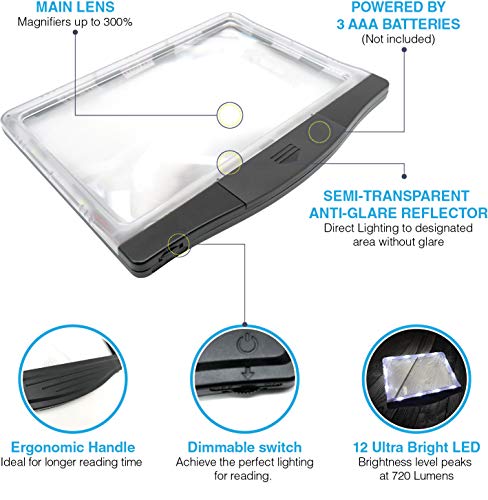MagniPros 3X Large Ultra Bright LED Page Magnifier- 12 Anti-Glare Dimmable LEDs, Provide More Evenly Lit Viewing Area, Relieve Eye Strain|for Reading Small Prints & Low Vision