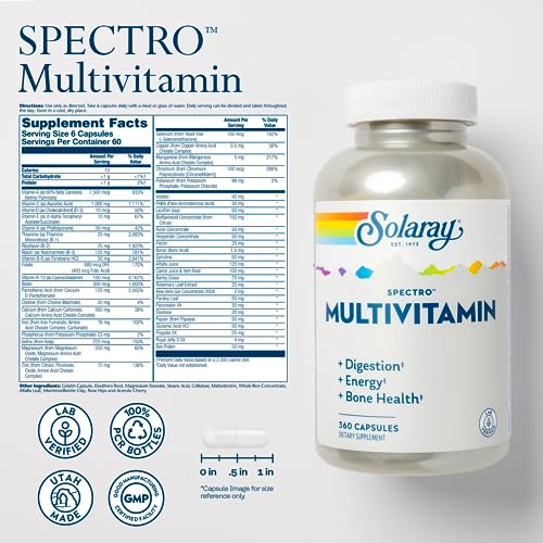 Spectro Multivitamin with Iron - Multi Vitamin with Calcium, Magnesium, Energizing Greens, Herbs & Digestive Enzymes - Digestion, Energy, and Bone Health Support (60 Servings, 360 Capsules)