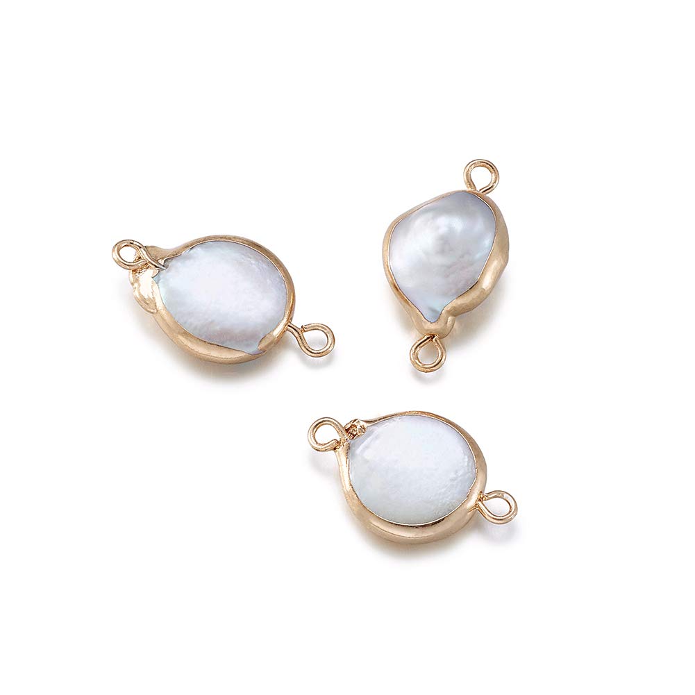 Fashewelry 10Pcs Natural Pearl Pendant Connectors Flat Round Keshi Pearl Charm Links with Gold Edge Wrapped 20x13-15mm for Jewelry Making Hole: 1.5mm