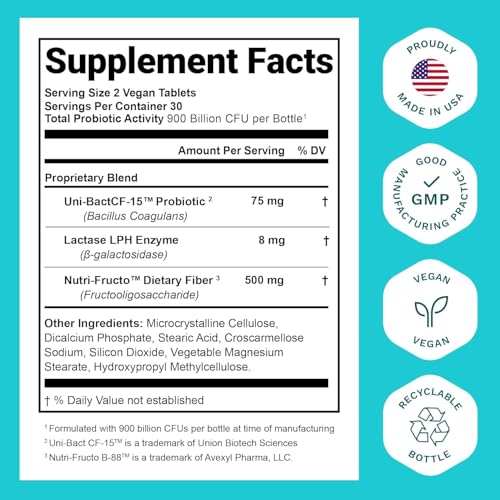 Probiotics for Women and Men - with Lactase Enzyme and Prebiotic Fiber for Digestive Health - 80%+ More Potent Supplement for Gut Health Support - Vegan Raw Probiotic Formula, Made in The USA
