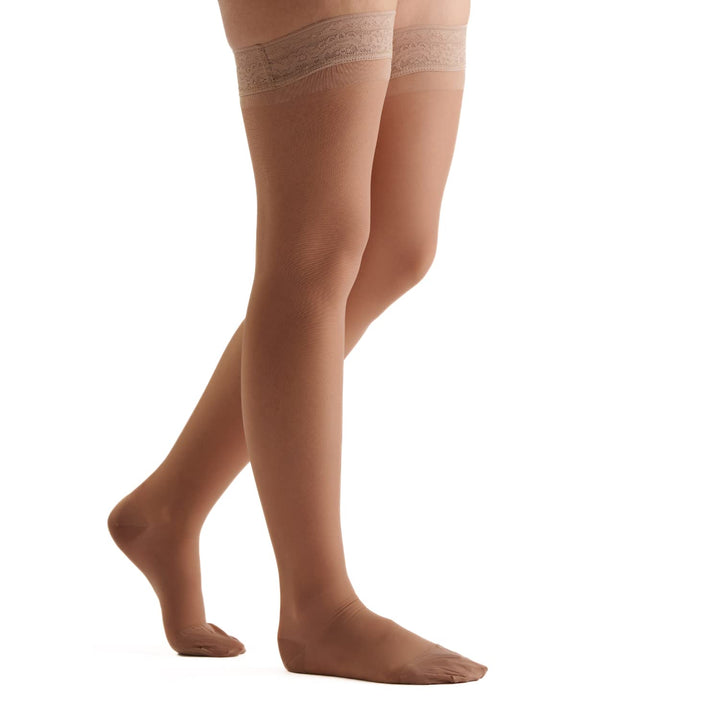 Women&#39;s USA Made Thigh High Compression Stockings 15-20 mmHg Moderate Pressure Everyday Socks Stay Up Lace Top Support Hose (XL, Tan Beige Nude)