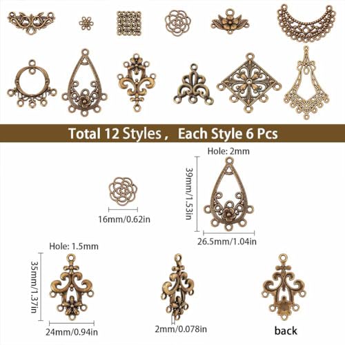 SUNNYCLUE 1 Box 72Pcs 12 Styles Filigree Connector Charms Flower Alloy Hollow Links Teardrop Square Oval Moon Shape Filigree Metal Embellishments for Crafts Supplies, Antique Bronze