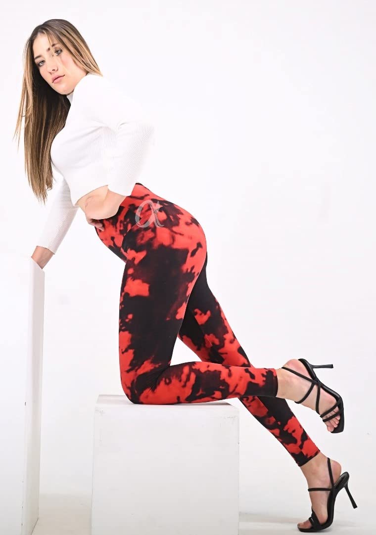 Black red Tie Dye Regular Plus Size Leggings Full Length Brushed Printed Leggings for Women