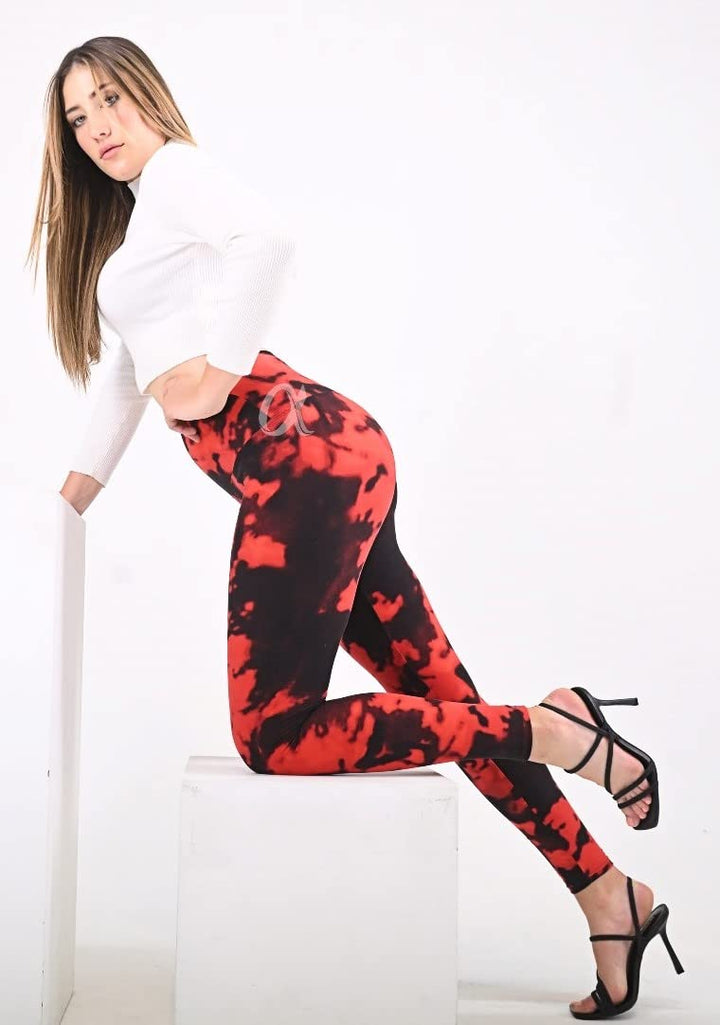 Black red Tie Dye Regular Plus Size Leggings Full Length Brushed Printed Leggings for Women