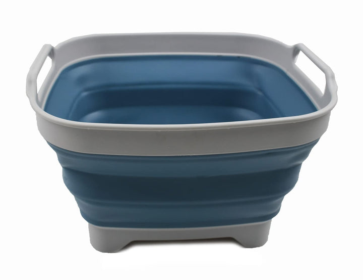 7.5L (2 Gallons) Collapsible Dishpan with Draining Plug - Foldable Washing Basin - Portable Dish Washing Tub - Space Saving Kitchen Storage Tray (Grey/Steel Blue, 1)