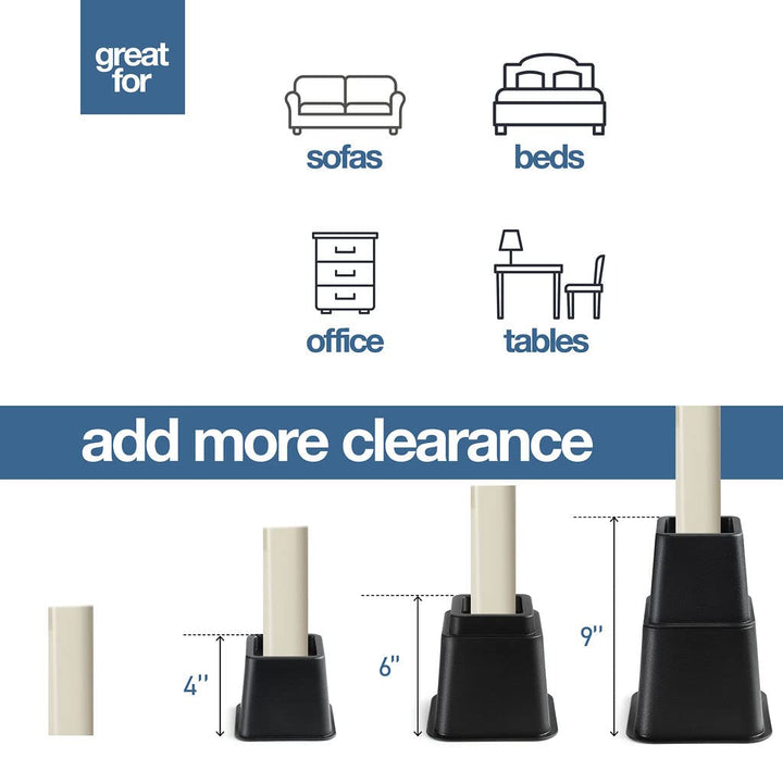 Heavy Duty Adjustable Bed Risers or Furniture Riser bed lifts - Heights of 8, 5 or 3 Inches, Set of 4 (Black)