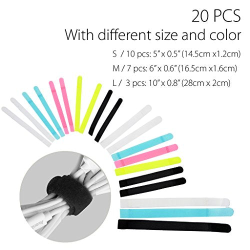 Pack of 20 Reusable Cord Organizer Keeper Holder, Fastening Cable Ties Straps for Earbud Headphones Phones Electronics Electrical Computer PC Wire Wrap Management, Assorted 3 Size and 5 Color