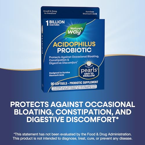 Nature&#39;s Way Acidophilus Probiotic Pearls, Supports Digestive Balance and Gut Health*, Protects Against Occasional Constipation and Bloating*, 1 Billion Live Cultures, 90 Softgels (Packaging May Vary)