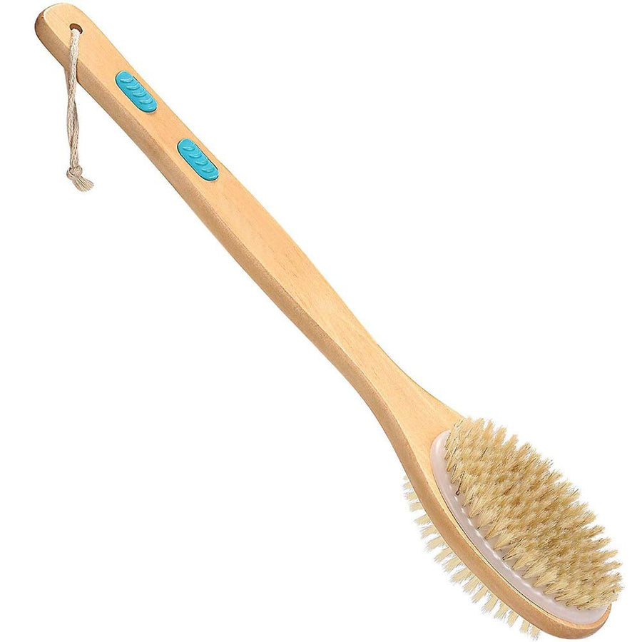 Bath Body Exfoliating Brush,Portable Shower Back Cleaning Scrubber with Long Wooden Handle, Double-Sided Brush Head for Exfoliating Skin and A Soft Scrub