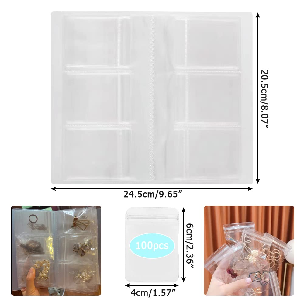 Jewelry Storage Book with 100 Pcs Zipper Lock Bag, Anti Oxidation Transparent Jewelry Organizer Book Album, Portable Jewelry Display Book, Holder Book for Earring, Necklace, Rings