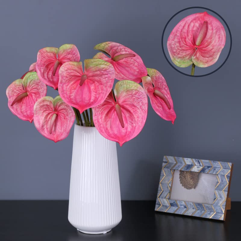 6 PCS 27 Simulation Large Artificial Anthurium Lily Flowers Permanent Flower for Home Decoration Bouquet and Green Leaf, Wedding Festival Decoration Flower Arrangement (Pink)