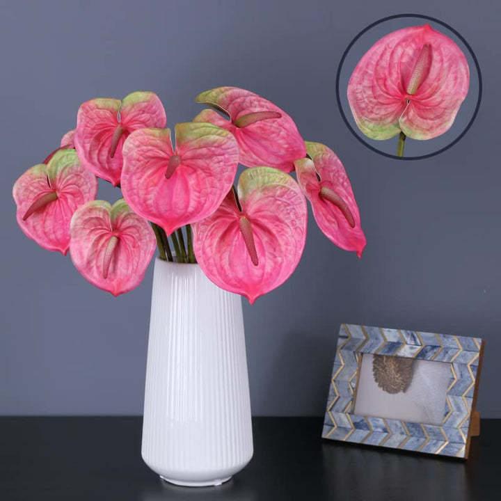 6 PCS 27 Simulation Large Artificial Anthurium Lily Flowers Permanent Flower for Home Decoration Bouquet and Green Leaf, Wedding Festival Decoration Flower Arrangement (Pink)