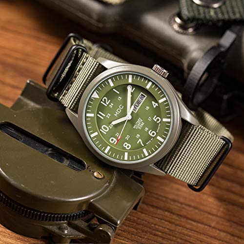 Military Watches for Men Analog Wrist Watch, Tactical Waterproof Outdoor Sport Mens Quartz Wristwatch, Date Day Work Field Army Green w/Nylon Band by MDC