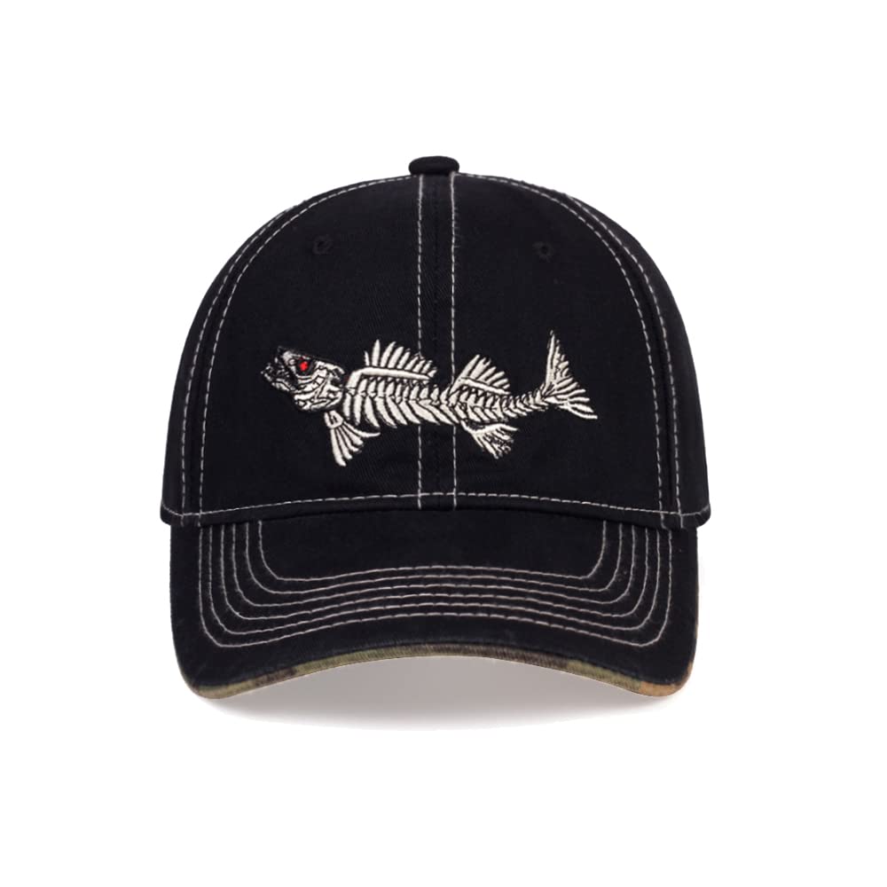 Cotton Fishing Hat Fish Bone Embroidery Trucker Dad Baseball Cap YZ10119 (Black)