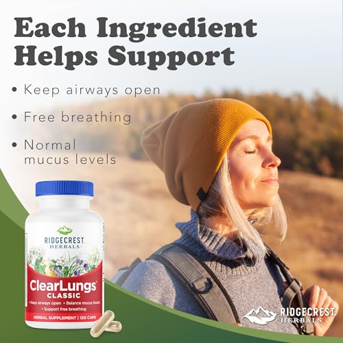 Ridgecrest Herbals ClearLungs Classic, Natural Lung and Nasal Daily Health Supplement for Bronchial, Respiratory, Immune, Sinus, and Mucus Wellness Support, Herbal Formula (120 Caps, 60 Serv)