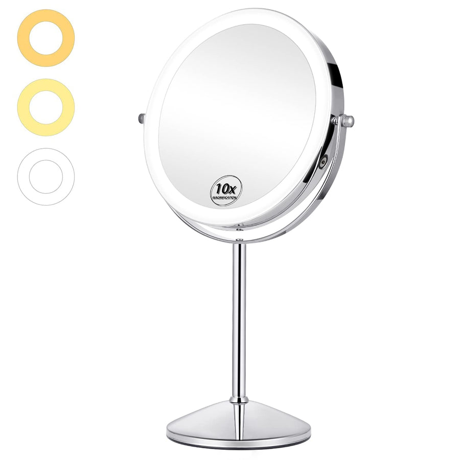 Rechargeable 1X/10X Lighted Magnifying Makeup Mirror, 8 Double Sided Lighted Makeup Mirror 3 Color Dimmable Lighting, Magnifying Mirror with Light, Touch Screen Cordless Cosmetic Vanity Mirror