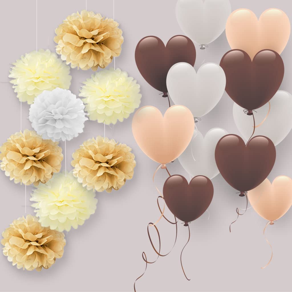 10PCS Mixed Cream Tan Brown White Party Tissue Paper Pom Poms Rustic Wedding Vintage Baby Shower Birthday Nursery Hanging Decoration
