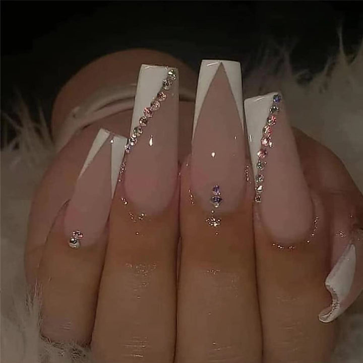 Bowknot Fake Nails Bow False Nails Long Coffin Fake Nails French Press on Nails Stick on Nails Full Cover Ballerina Acrylic Nails for Women and Girls (24Pcs) (Diamond Fake Nails-D)