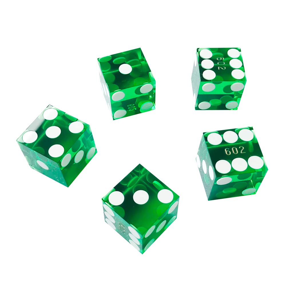 Set of 5 Grade AAA Precision 19mm Serialized Casino dice with Razor Edges and Corners - Green …