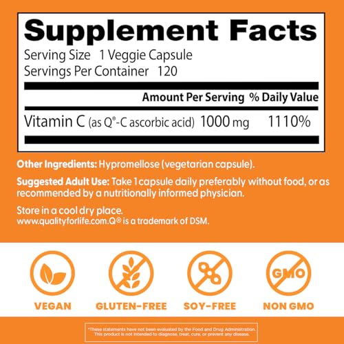 Doctor&#39;s Best Vitamin C with Q-C - Vitamin C 1000mg Non-GMO, Vegan, Gluten Free, Soy Free, Sourced from Scotland Veggie Caps, 120 Count
