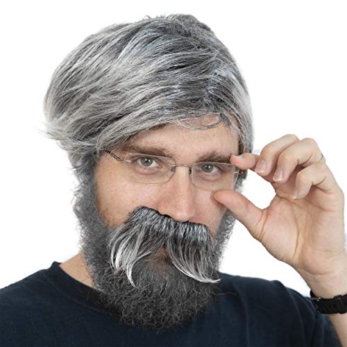 Grey Wig and Mustache - Salt and Pepper Hair Old Person Grandpa Wigs and Mustache Old Man Costume Accessories Set for Boys and Girls