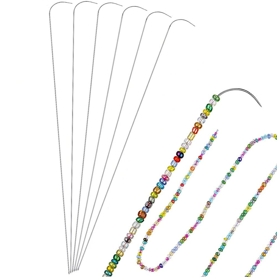 6 Pieces 7.48 Inches Curved Beading Needle Stainless Bead Spinner Needle String Bead Needle for Spin and String Bead (Silver-6pcs)