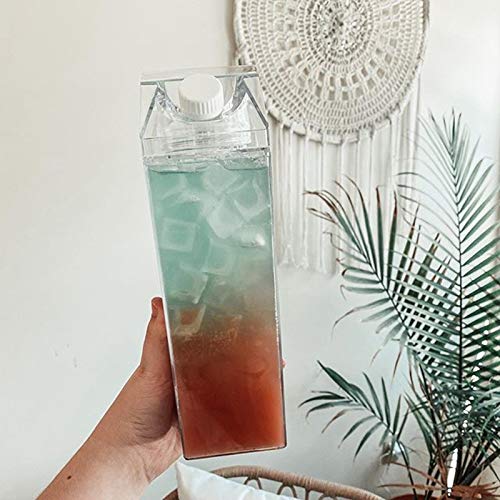 Clear Milk Carton Water Bottle Creative Square Transparent Cup + Straw + Storage Bag (17 oz-)