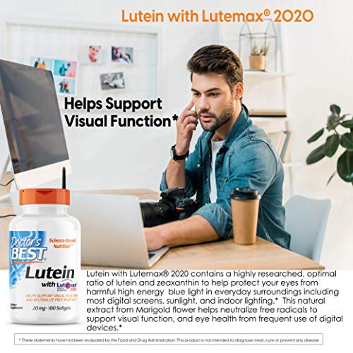 Doctor&#39;s Best Lutein, 20 mg, Supports Eye Health &amp; Performance, Non-GMO, Gluten Free 180 Softgels