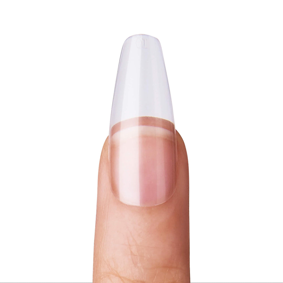 Salon Acrylic Natural Nails, Clear Tip, Long, Ultra-Smooth Finish, DIY At-Home Manicure Kit with Pink Gel Nail Glue, Mini File, Manicure Stick, and 28 Nails in 14 sizes