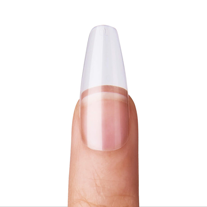 Salon Acrylic Natural Nails, Clear Tip, Long, Ultra-Smooth Finish, DIY At-Home Manicure Kit with Pink Gel Nail Glue, Mini File, Manicure Stick, and 28 Nails in 14 sizes