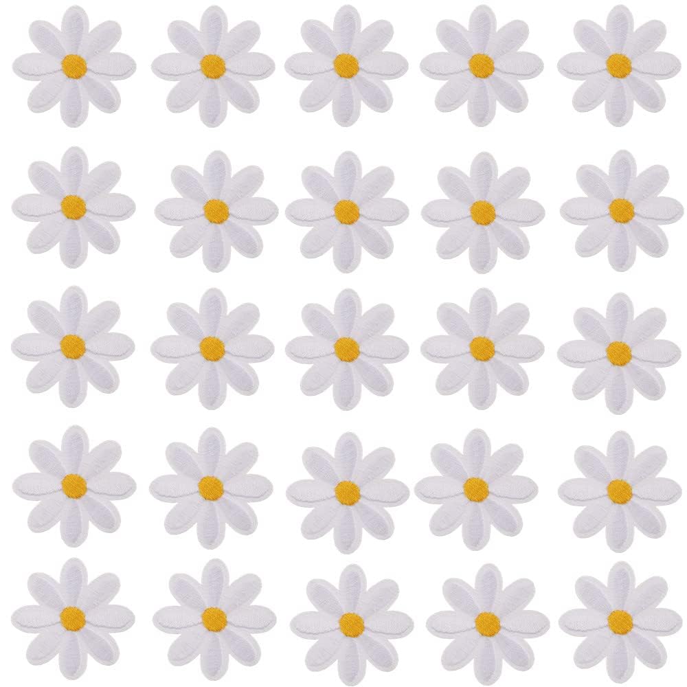 IUAQDP 60 Pieces Daisy Embroidery Patch, White Yellow Daisy Flower Iron On Applique Cloth, Sew on Decal Badge Repair Sticker for Clothing Jacket Hoody T-Shirt Jean Bag Hat Dress Shoe Decor, 1.38IN