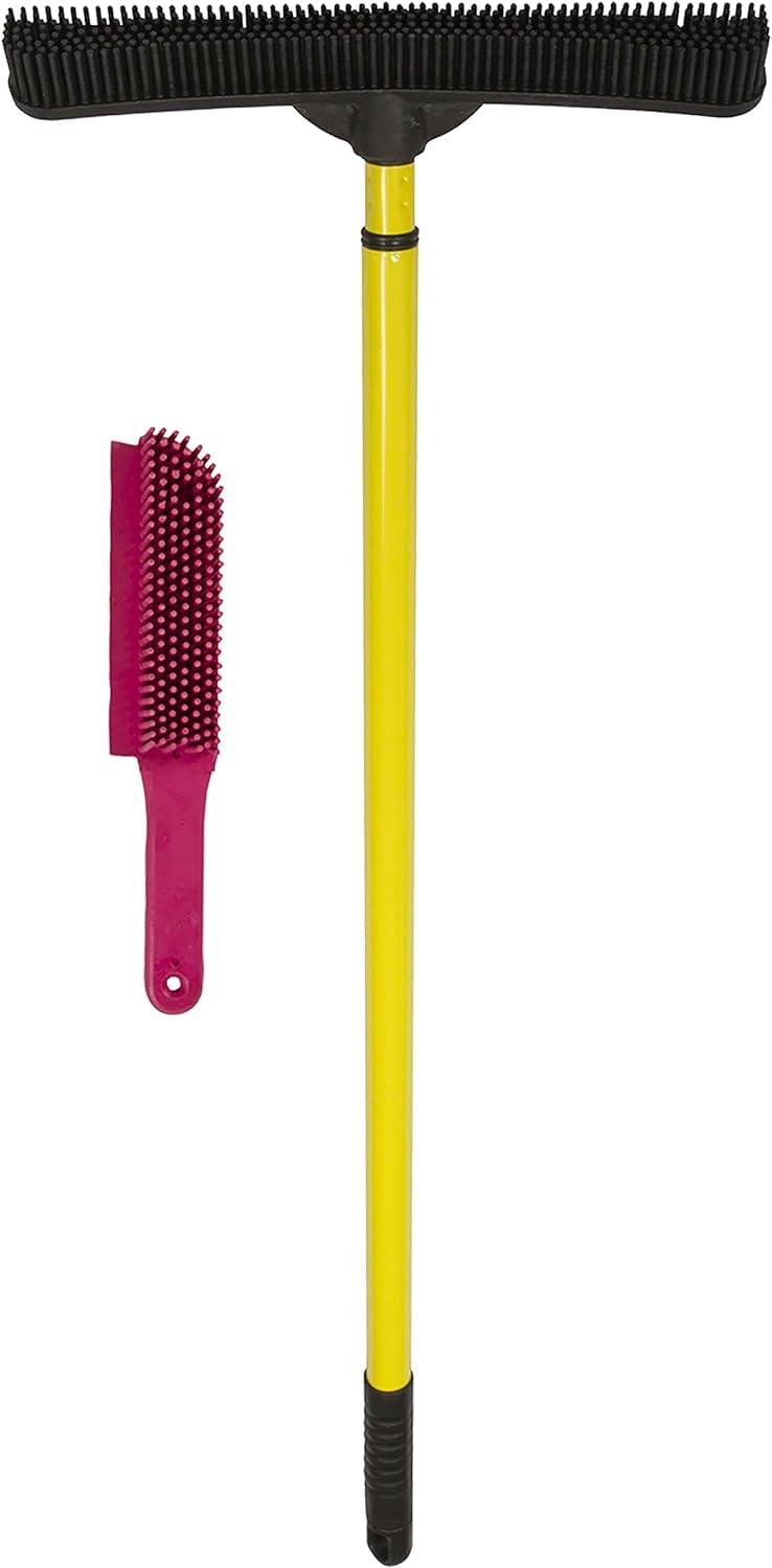 Original Pet Hair Rubber Broom with Squeegee, with 58” Telescopic Handle for Carpet, Tile and Hardwood and Handheld Lint Brush Combo