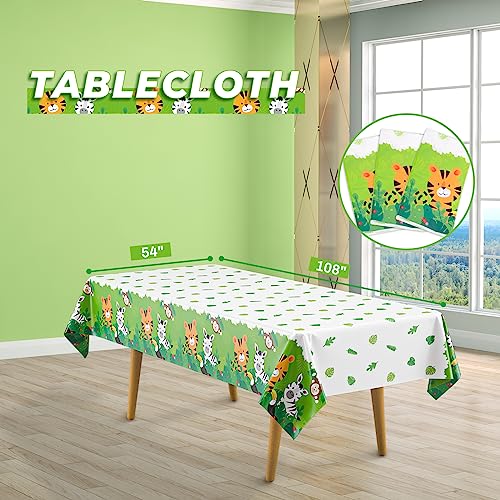 3 Pack Jungle Safari Tablecloths, Cute Jungle Table Cloth with Animal Print, 108 x 54 Wild One Birthday Table Covers, Zoo Party Decorations for Boys Kids Birthday, Baby Shower