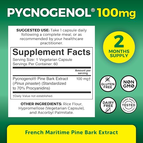 Pycnogenol 100mg from French Maritime Pine Bark Extract Capsules - Healthy Blood Circulation Supplements, Antioxidant Protection, Joint Support and Immune Support - 60 Pycnogenol Supplements