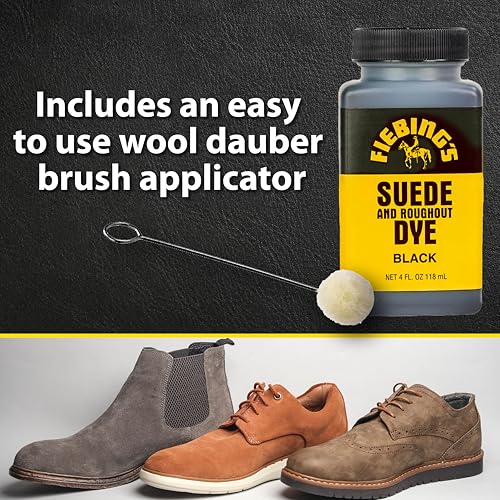 Fiebing&#39;s Black Suede Dye (4 oz) - Recolor, Brighten &amp; Restore Suede &amp; Roughout Leather Shoes, Furniture, Purse - Includes Wool Dauber for Easy Application - Flexible When Dry, Won&#39;t Crack or Peel