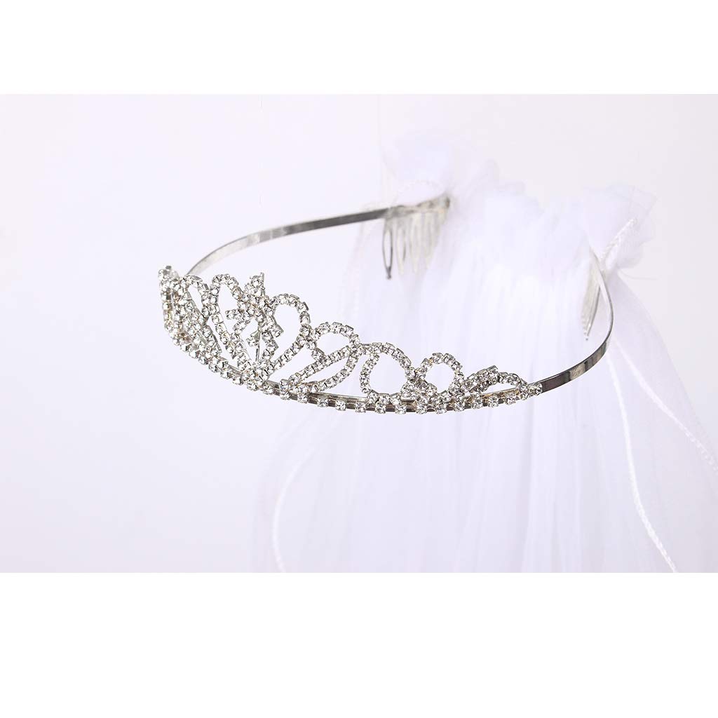 Flower Girls White First Communion Veil Headband with Bow (60cm/24 inch, Rhinestone Crown)