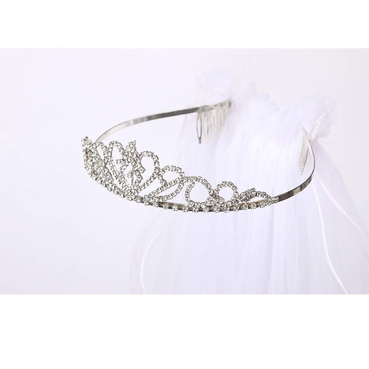 Flower Girls White First Communion Veil Headband with Bow (60cm/24 inch, Rhinestone Crown)