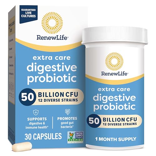 Renew Life Extra Care Digestive Probiotic Capsules, 50 Billion CFU Guaranteed, Daily Supplement Supports Immune, Digestive, Respiratory Health(1), L. Rhamnosus GG, Dairy, Soy and Gluten-Free, 30 Count