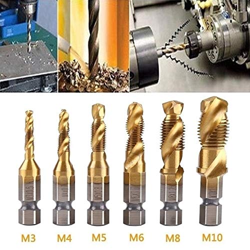 Drill Tap Kit, 6pcs Combination Drill and Tap Bit Set, Metric Thread M3-M10 Screw Tapping Tool 1/4 Hex Shank, Spiral Flutes Design
