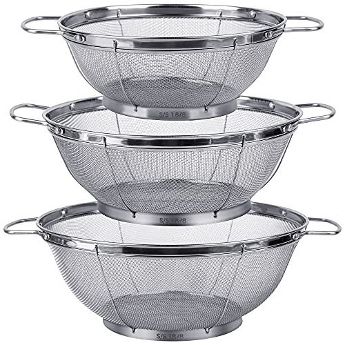 3 Pack 18/8 Stainless Steel Colander Sieves(5-Quart, 4-