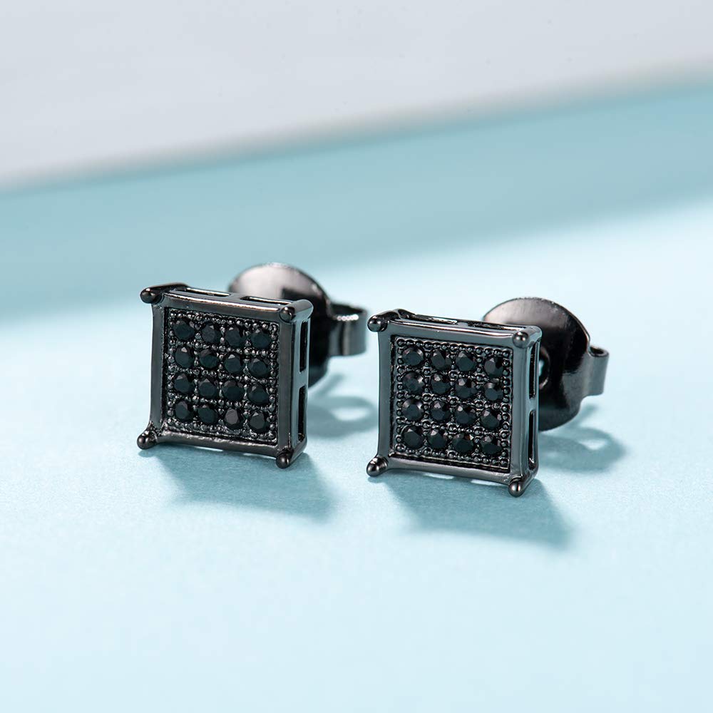 Mens Square Earrings Black Stud Diamond Crystal Small 316L Surgical Stainless Steel Post for Sensitive Ears Cool Guy Jewelry Gift Men, Women Unisex 7mm -