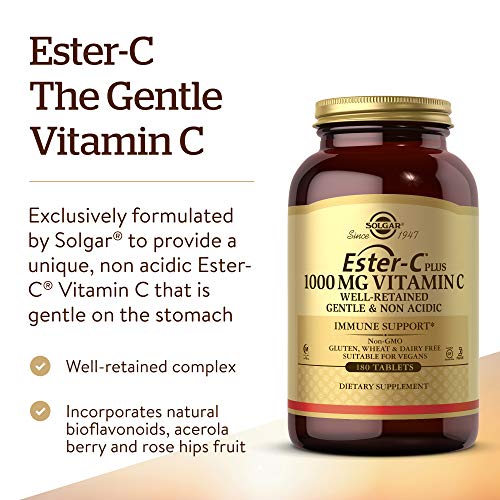 Solgar Ester-C Plus 1000 mg Vitamin C (Ascorbate Complex) - 180 Tablets - Gentle &amp; Non Acidic - Supports Upper Respiratory Health - Non-GMO, Gluten-Free - 180 Servings